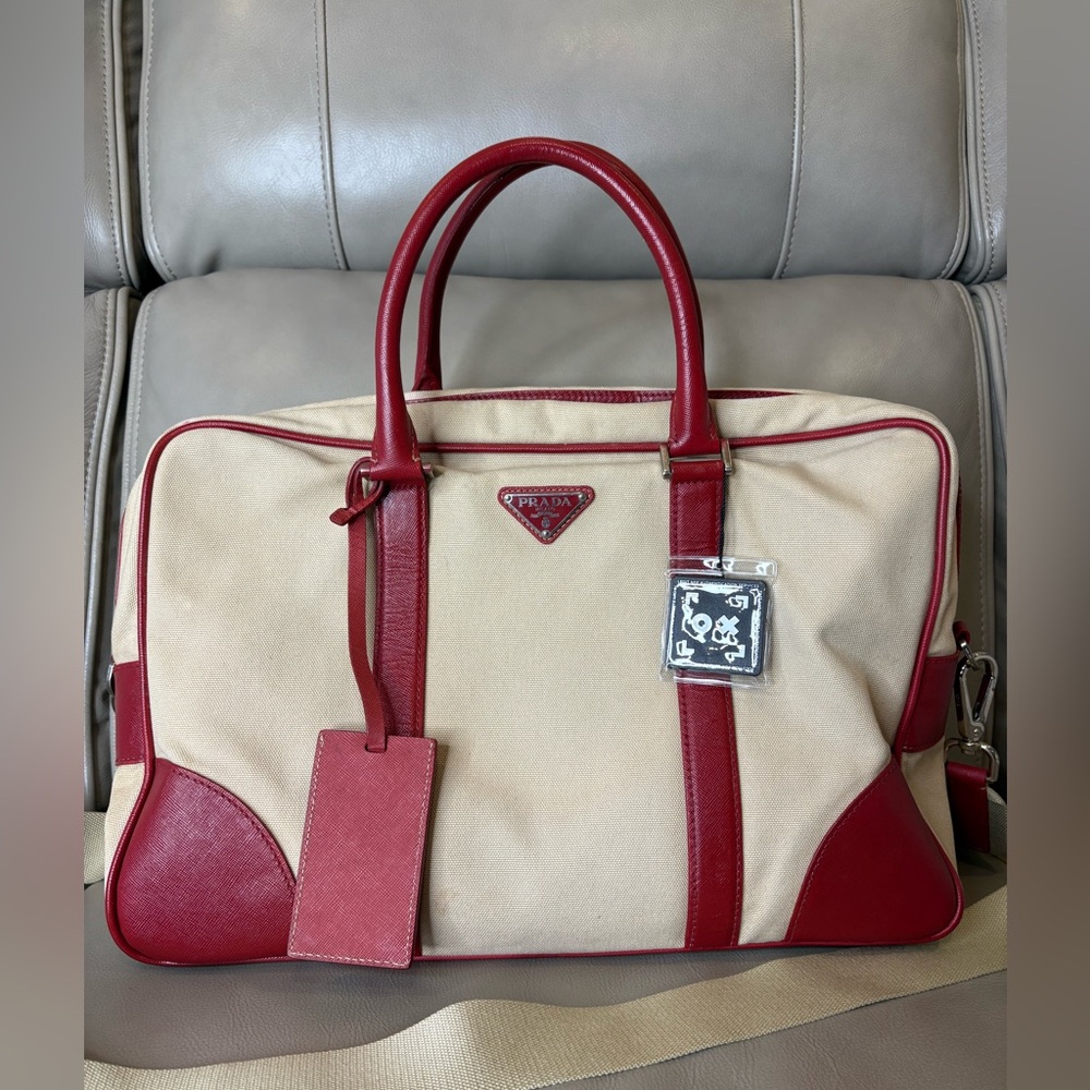 Prada Red and Beige Canvas and Saffiano leather briefcase/laptop bag